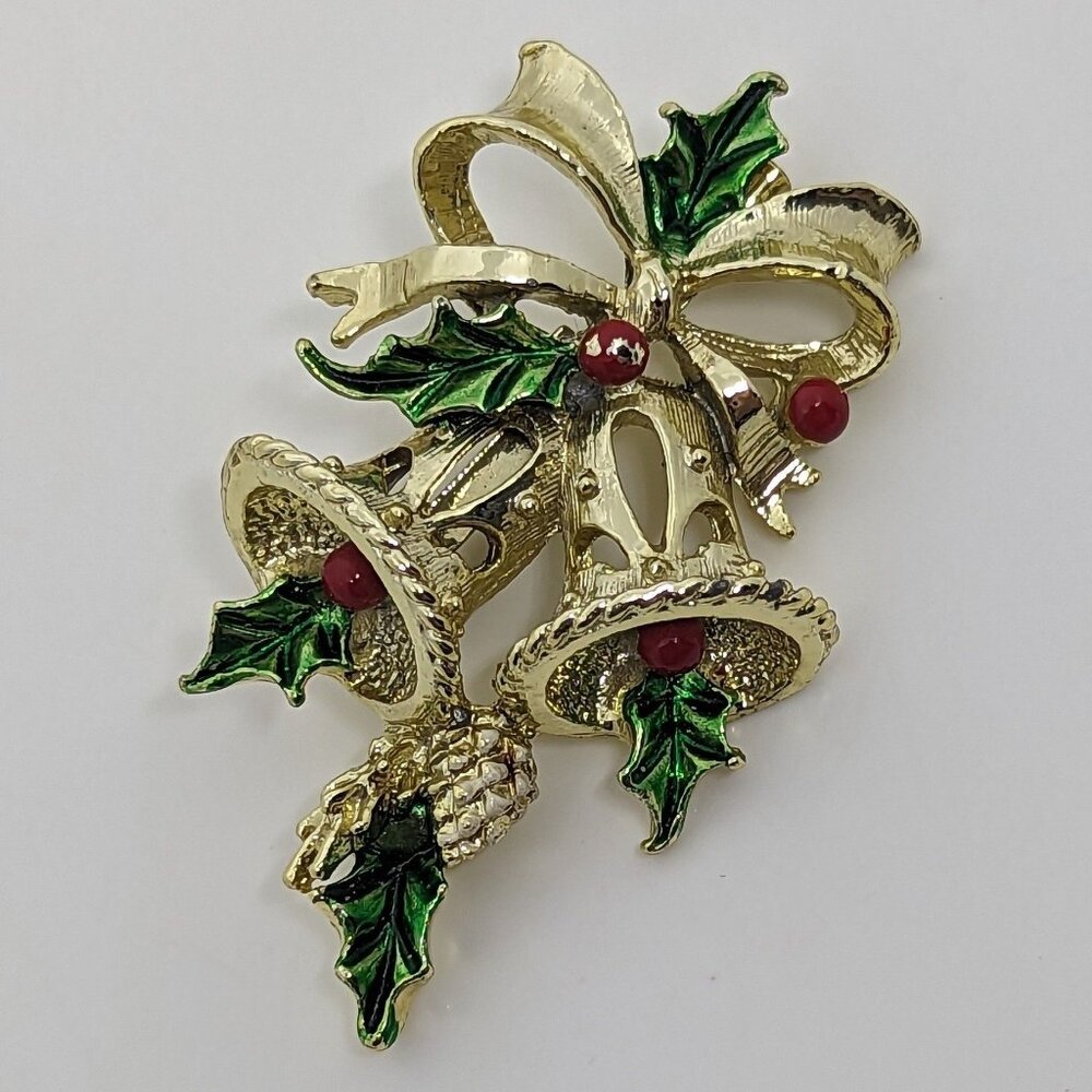 Vintage Gerrys Christmas Bell Brooch Pin Gold-Tone With Green & Red Enamel